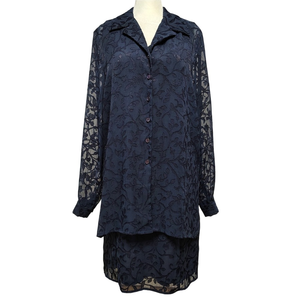 Vintage Casual Corner Dress Set Size 14 Navy Blue Floral Lace Sheer Long Sleeve